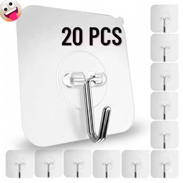 Plastic Wall Hooks, Transparent (Pack of 20)
