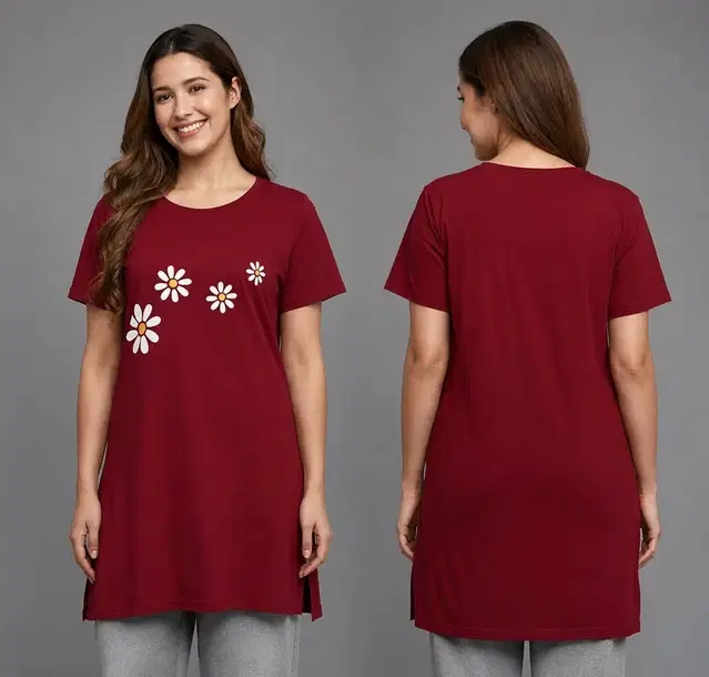 Round Neck Womens Tshirts Printed Red Cotton Blend(XL)