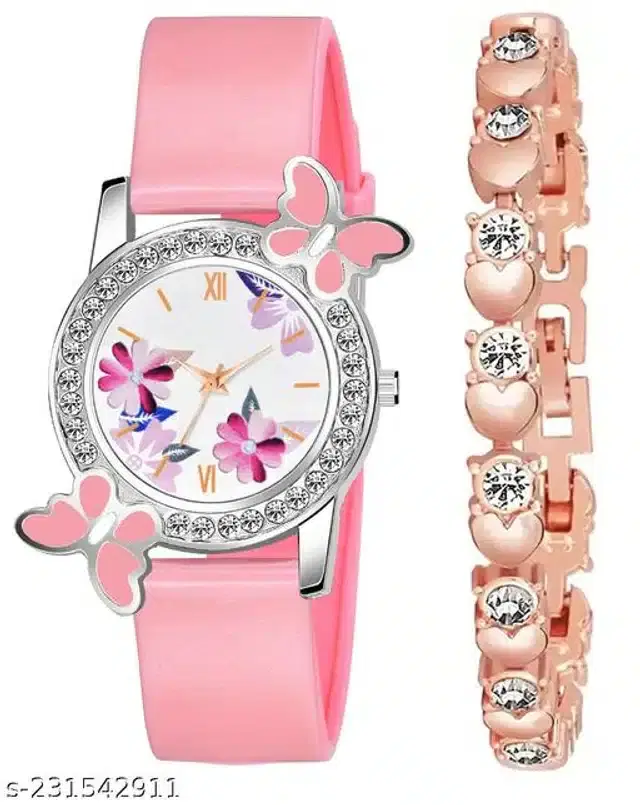 Analog Watch with Bracelet for Women, Set of 2 (Multicolor)