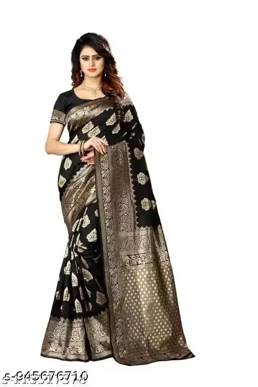 Kanjivaram Soft Banarasi Silk Saree for Women (Black, Free Size)