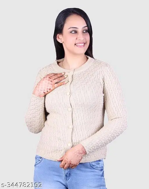 Acrylic Solid Sweater for Women (Beige, M)