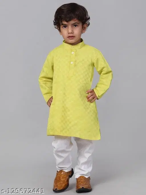 Cotton Blend Kurta with Pyjama for Boys (Lemon Yellow & White, 1-2 Years)