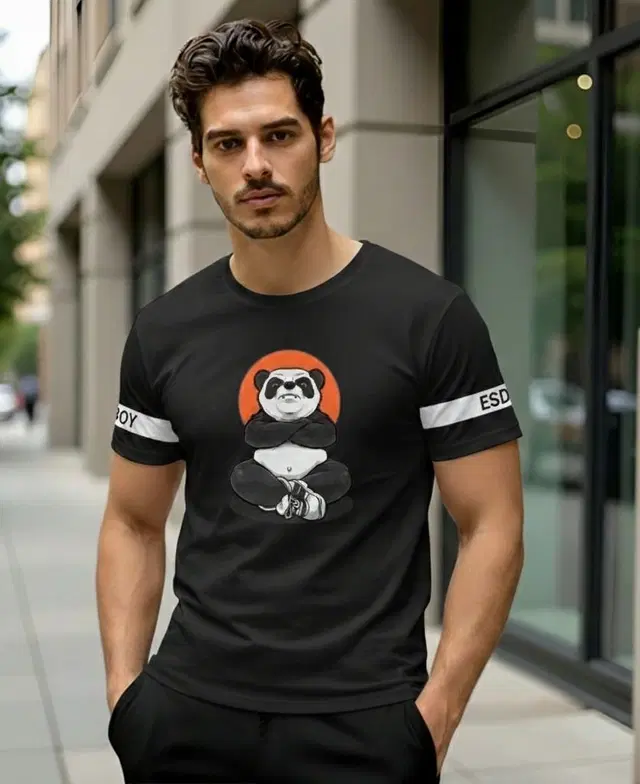 Polyester Printed T-shirt for Men, Black (XL)