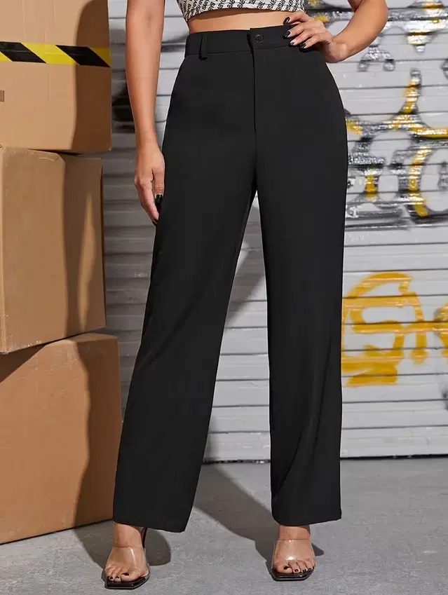 Mid Rise Solid Trousers & Pants for Womens (Black, 26)
