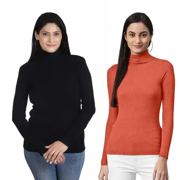 Full Sleeves High Neck Sweater for Women, Pack of 2 (Black & Orange, S)