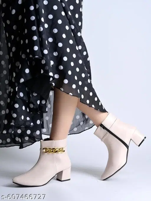 Shoetopia Solid Synthetic Heeled Boots Cream (IND-3)