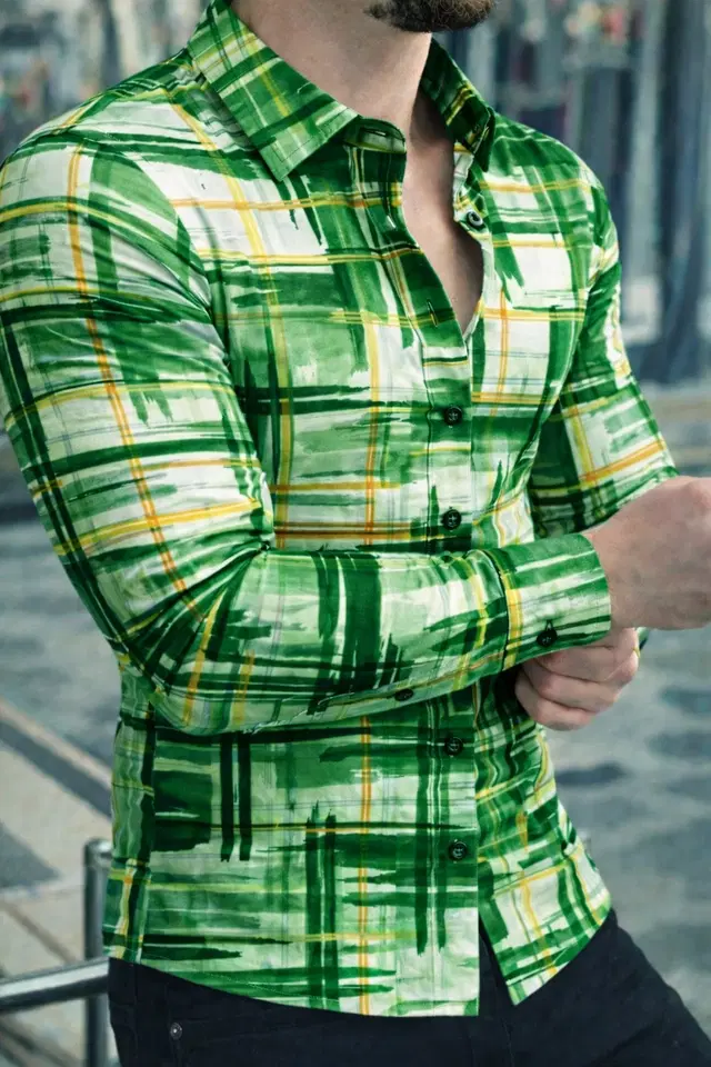 Lycra Geometric Print Shirt for Men, Green (S)