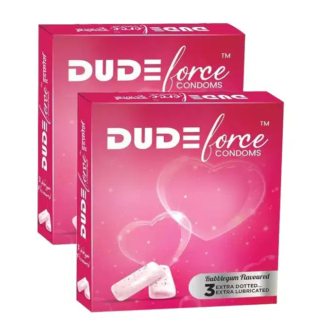 Dude Force 3 Pcs Bubblegum Flavoured Condoms for Men, Set of 2