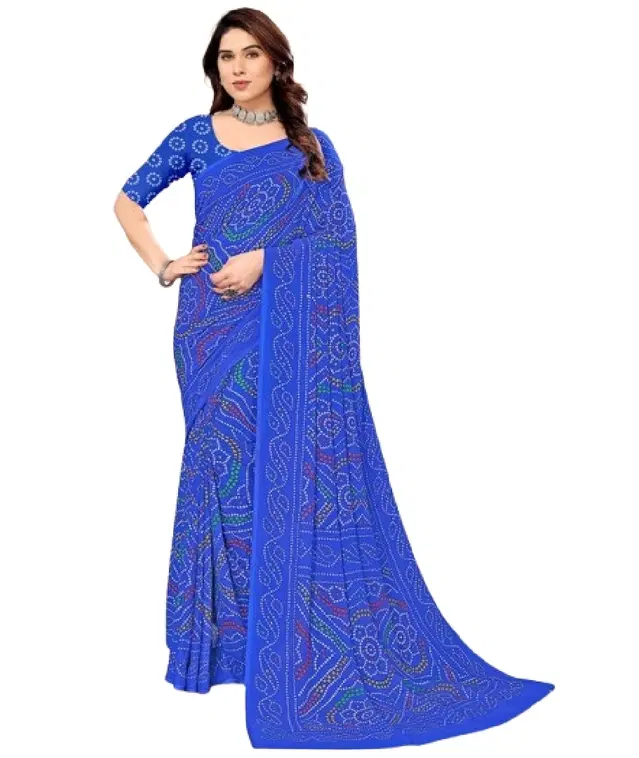 Georgette Bandhini Saree for Women, Blue