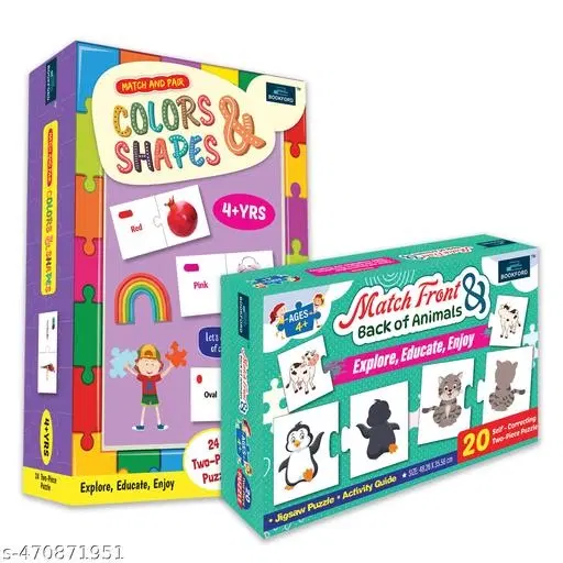 Bookford Exciting Puzzle Combo Set of 2 Jigsaw Puzzle - Match Front & Back of animals & Match & Pair Colors & Shapes