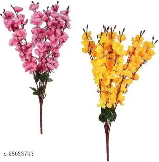 Polyester Artificial Flowers Bunch, Pink & Yellow, Pack of 2
