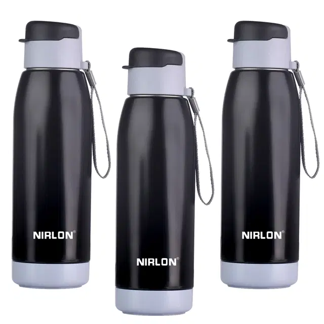 Nirlon Electro Pu Insulated Stainless Steel Inner Side Set Of 3, 750Ml, Break Proof, Leak Proof, Hot & Cold Water Bottle For Home| School | Office | Gym | Hiking | Travel Bottle (Black)