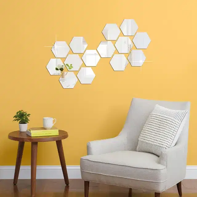 Acrylic Hexagon Shaped Wall Mirror Stickers, Silver, Pack of 14