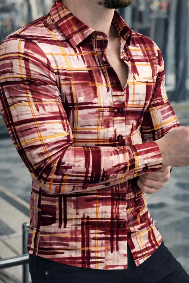 Lycra Geometric Print Shirt for Men, Red (S)