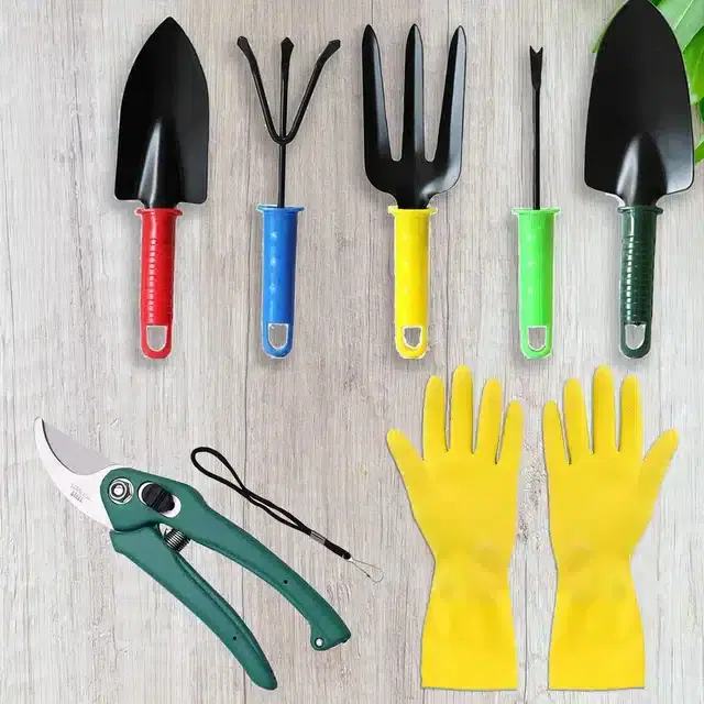 Garden Small Trowels, 2 Pcs with Gardening Fork, 2 Pcs, Hand Weeder, Pruning Scissor & Safety Gloves, Multicolor, Set of 7