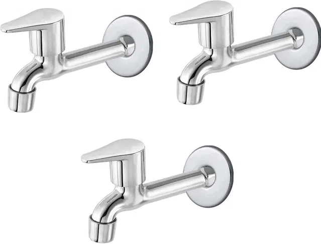 Stainless Steel Long Body Bib Cock Tap with Wall Flange, Silver, Set of 3