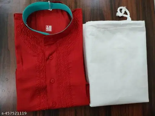 Cotton Solid Kurta Set for Men, White & Red (M)