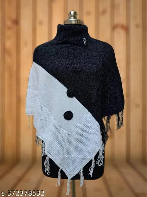 Woolen Poncho for Women (Black &White, Free Size)