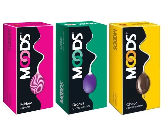 Moods Grapes with Ribbed & Choco 12 Pcs Dotted Condoms for Men, Set of 3