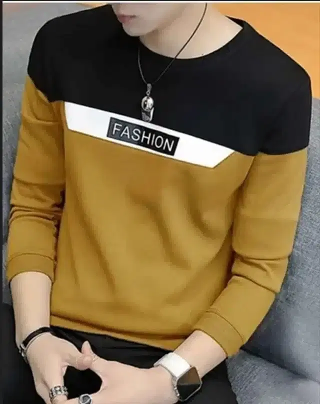 Round Neck Printed T-Shirt for Men (Black & Mustard, M)