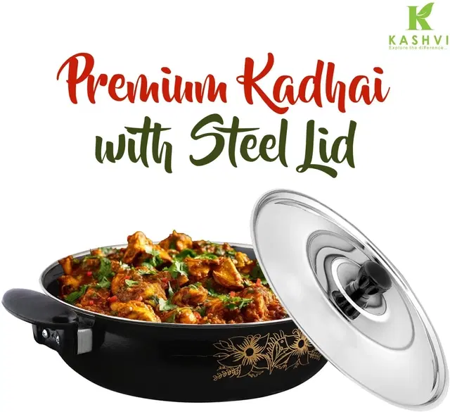 Cast Iron Kadai with Lid, Black & Silver, 28 cm