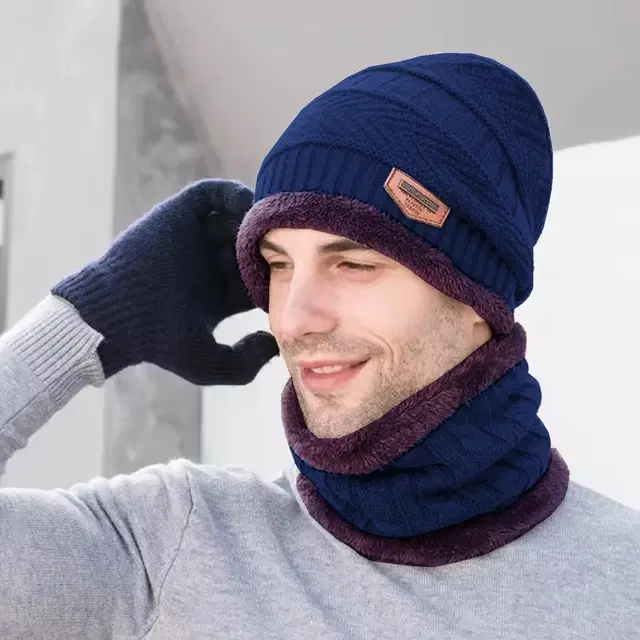 Woolen Cap with Neck Warmer for Men & Women, Set of 1 (Blue)