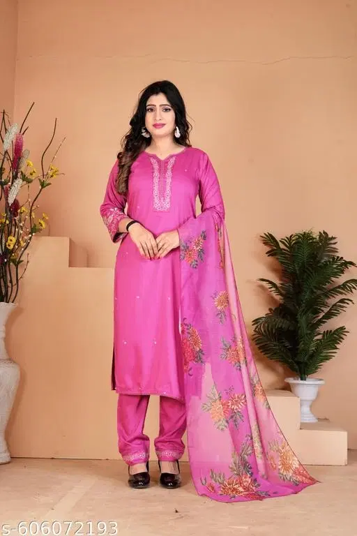 Viscose Rayon Kurta Set for Women (Pink, M)