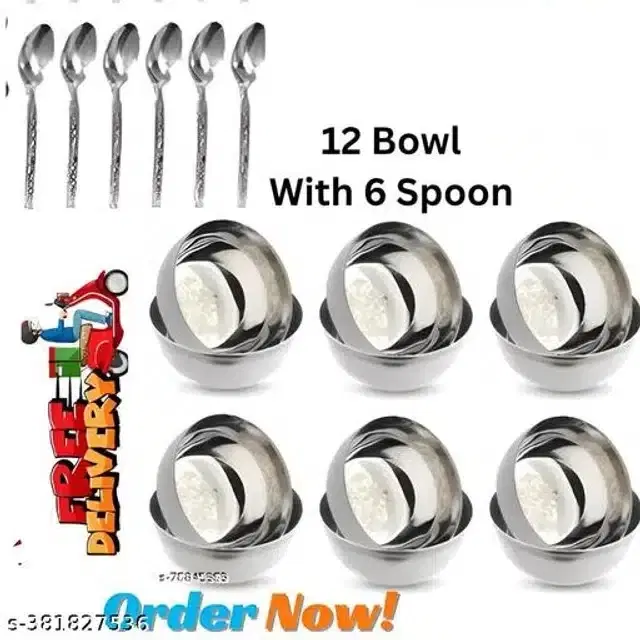 Stainless Steel 12 Pcs Bowls with 6 Pcs Spoon, Silver, Set of 2