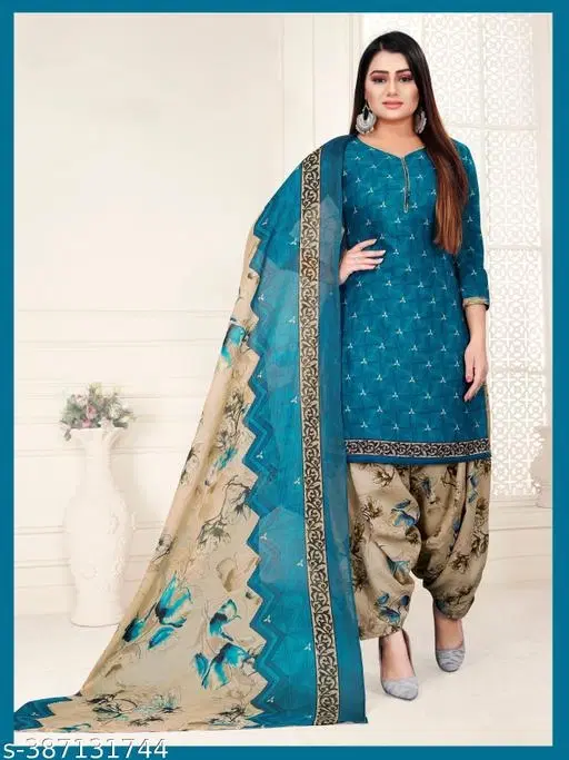 Cotton Printed Salwar Suit & Dupatta Sets for Women (Blue, XL)