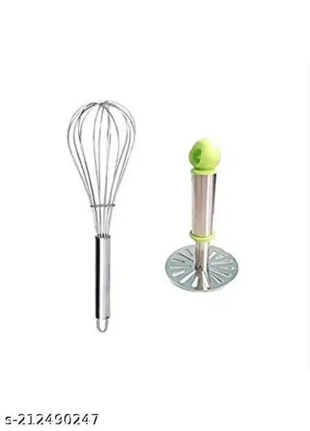 Stainless Steel Egg Beater with Masher, Silver, Set of 2