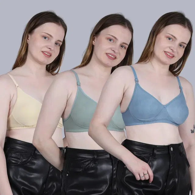 Cotton Non-Padded Bra for Women, Multicolour, Pack of 3 (32B)