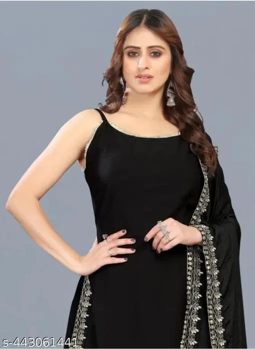Embroidery Kurta Plazzo Set With Dupatta for Women (Black, XXS)