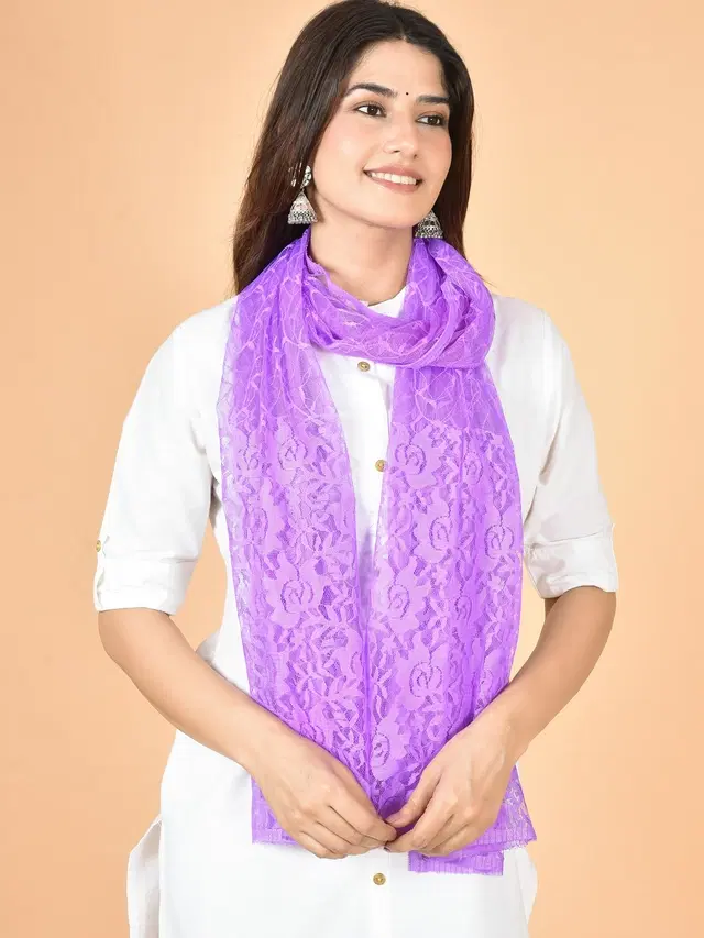 Net Self-Design Dupatta for Women (Lavender, 2.2 m)