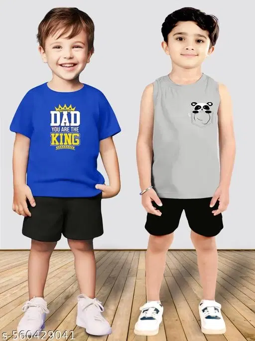 Cotton Blend Printed Clothing Set for Boys, Blue & Grey, Pack Of 2 (6-7 Years)