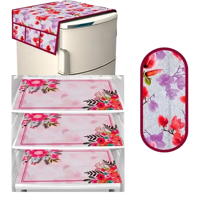Waterproof Fridge Cover, With 3xFridge Mat And 1 xHandle Cover Pack Of 5 Purple/Red Flower
