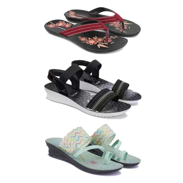Flats with Heels & Sandals for Women, Set of 3 (Multicolor, 5)