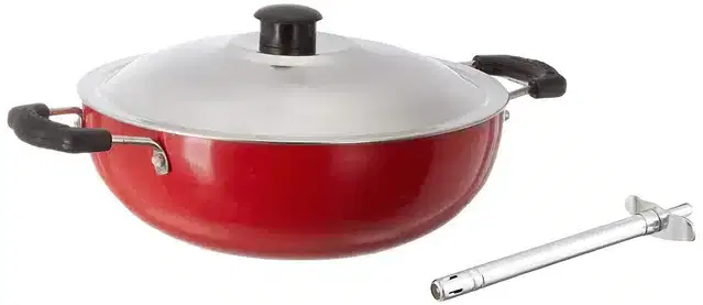 Non Stick Deep Kadhai with Lid, Red, 2.45 L and Gas Lighter, Silver, Set of 2