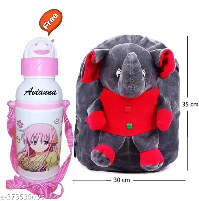 Fabric Elephant Shape School Bag with Sipper Water Bottle for Kids, Grey & Red, Set of 2