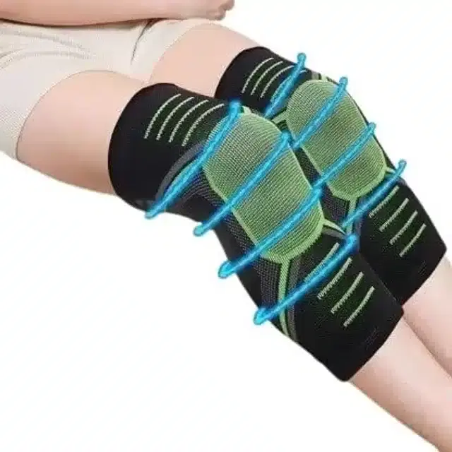 Cotton Elastic Knee Support Sleeves for Men & Women, Green & Black, Pack of 2