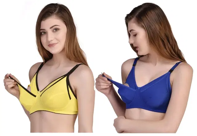 Cotton Blend Solid Non Padded Feeding Bras for Women, Pack of 2 (Multicolor, 36)