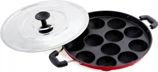 ZODEX 12 Cavities Non Stick Appam Patra with Lid and Side Handle, Multicolor, 21 cm