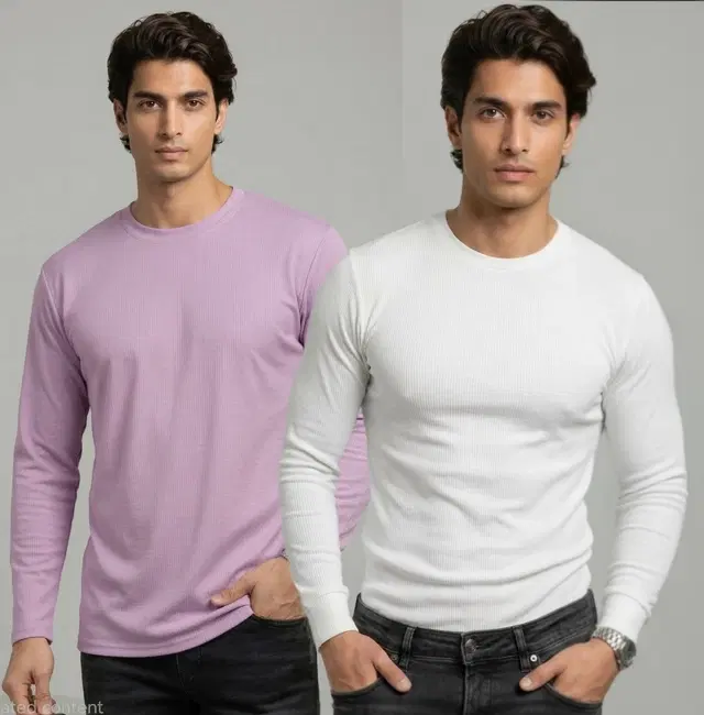 Polyester T-shirt for Men, Lavender & White, Pack of 2 (M)