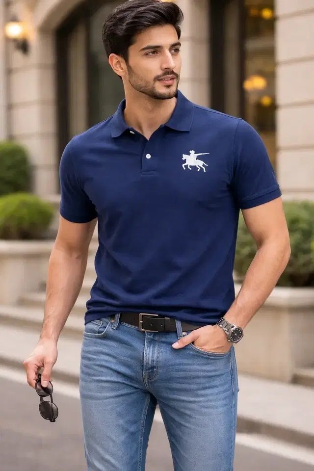 Polo Neck Polycotton T-Shirt for Men, Navy Blue (M)