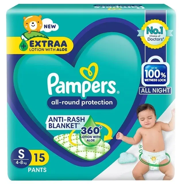Pampers All round Protection Pants, Small size baby Diapers, (S) 15 Count