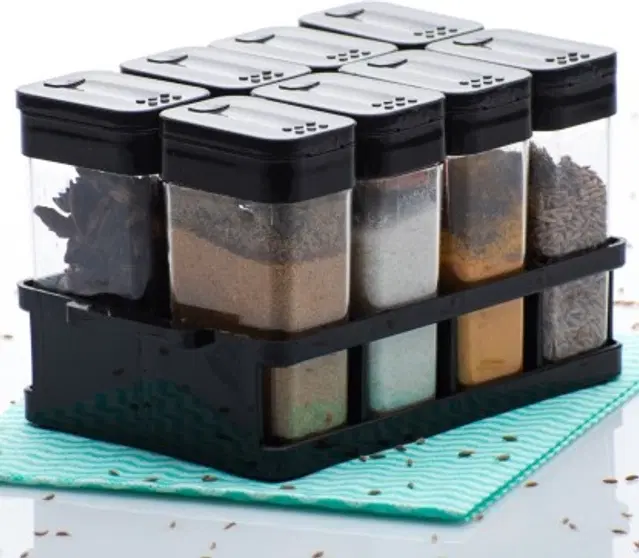 MAGIC PLUS Spice Box / Rack / Dani / Box / Container / Jar / Dabba / Multipurpose / Set For Masala / Spices -8 pcs, BLACK, Pack of 1