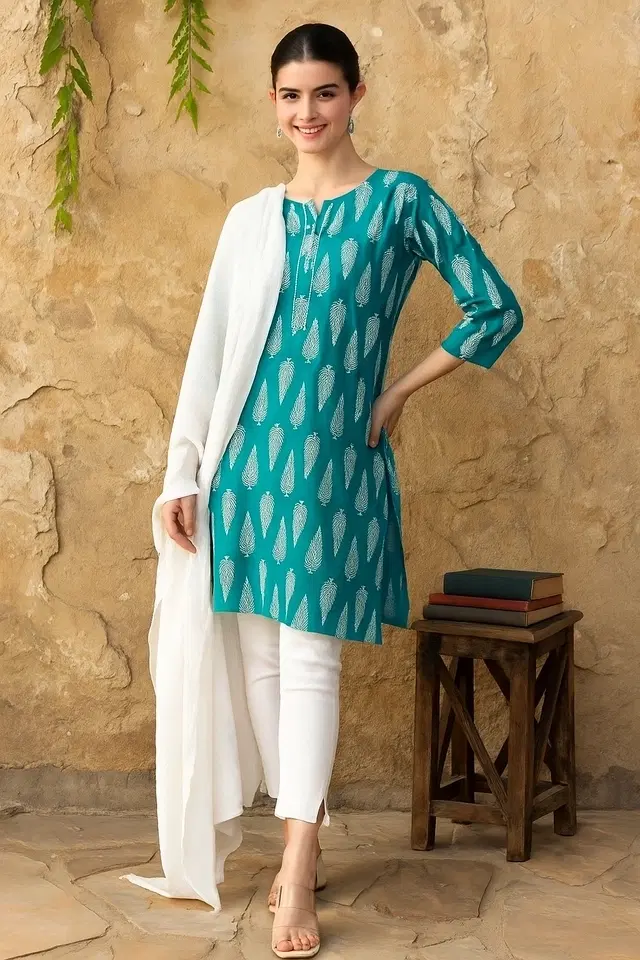 Rayon Block Print Kurti for Women, Teal (L)