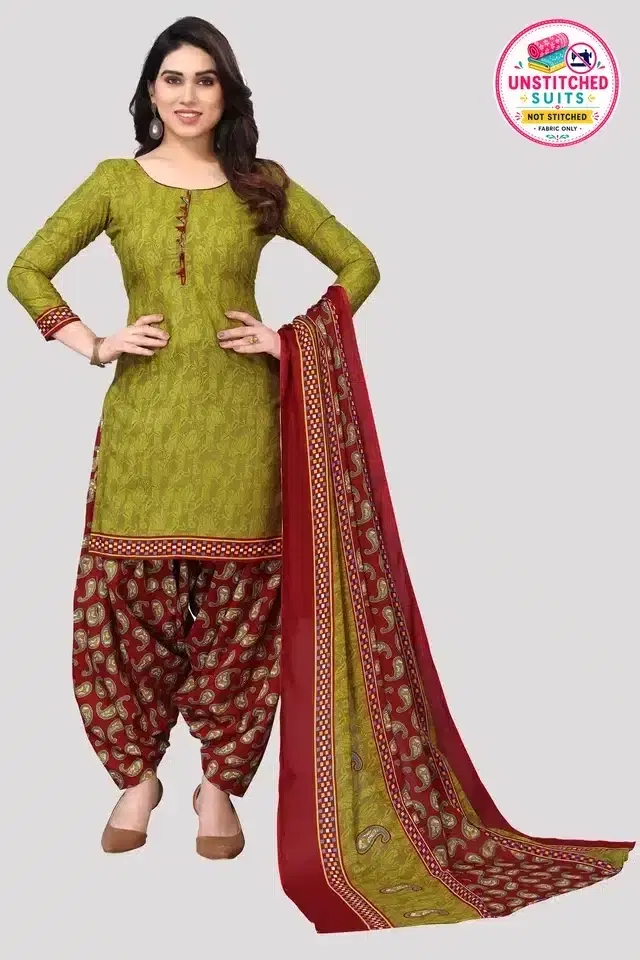 Cotton Blend Printed Unstitched Suit for Women, Green (Red)