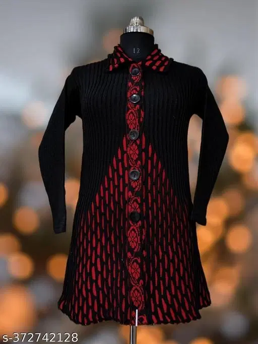 Woolen Printed Sweater for Women (Black & Red, Free Size)