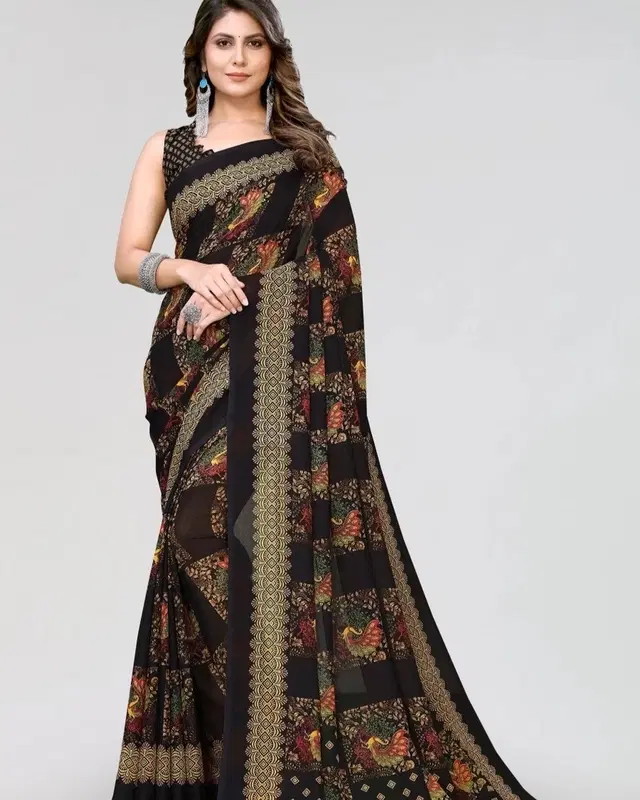 Georgette Printed Saree for Women, Black (6.3 m)