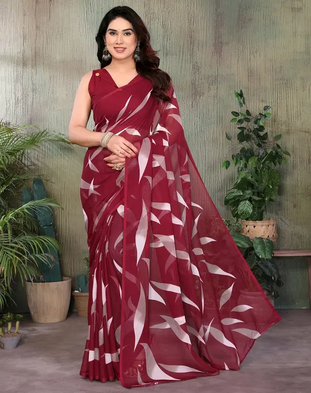 Georgette Saree for Women, Floral (Maroon, Free Size)
